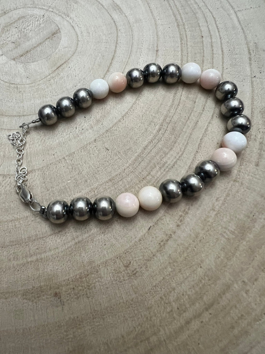 8mm Sterling Pearl Bracelet with Pink Conch — 6 inch - Rooted & Reckless Co.