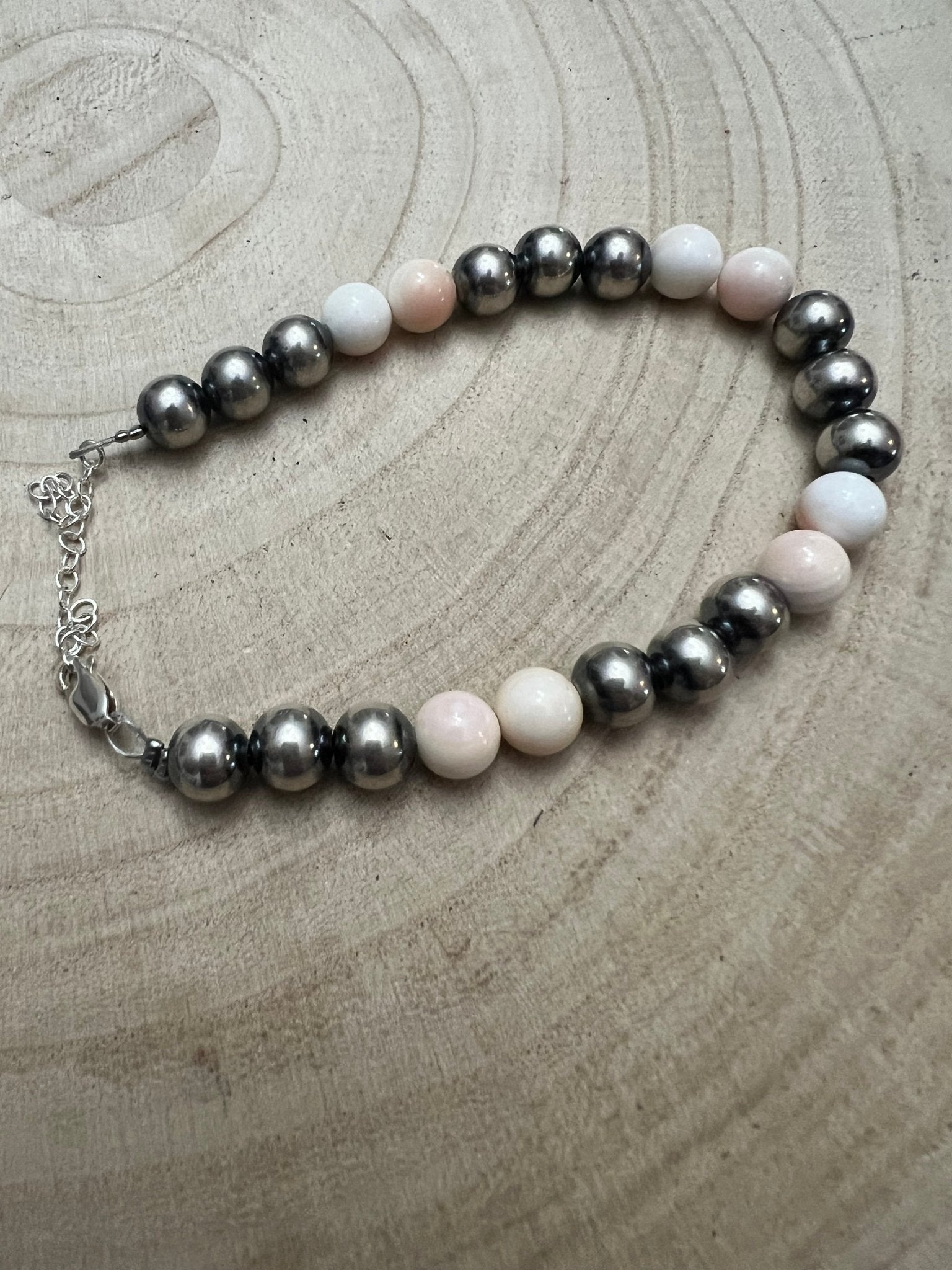 8mm Sterling Pearl Bracelet with Pink Conch — 6 inch - Rooted & Reckless Co.