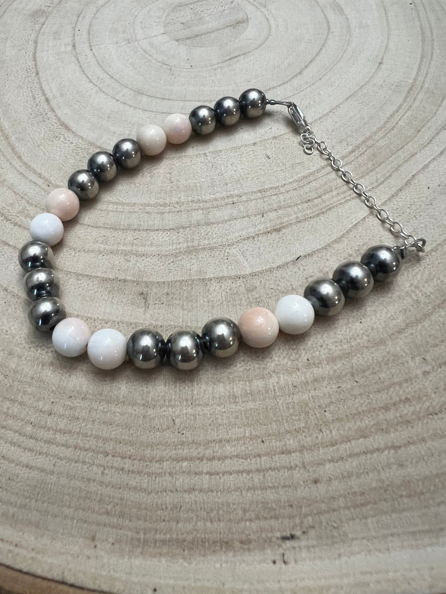 8mm Sterling Pearl Bracelet with Pink Conch — 6 inch - Rooted & Reckless Co.