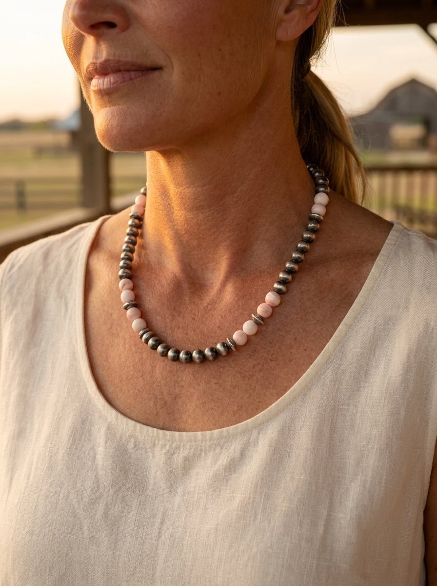 8mm Sterling Pearl, Saucer & Pink Conch Necklace — 19 inch - Rooted & Reckless Co.