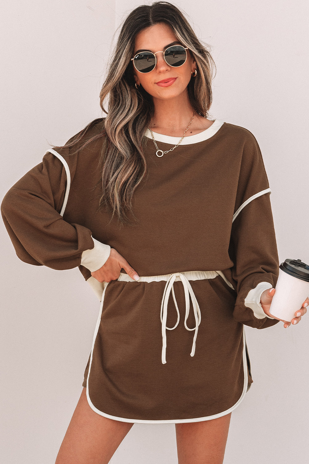 Colorblock Long Sleeve Top and Skort Set