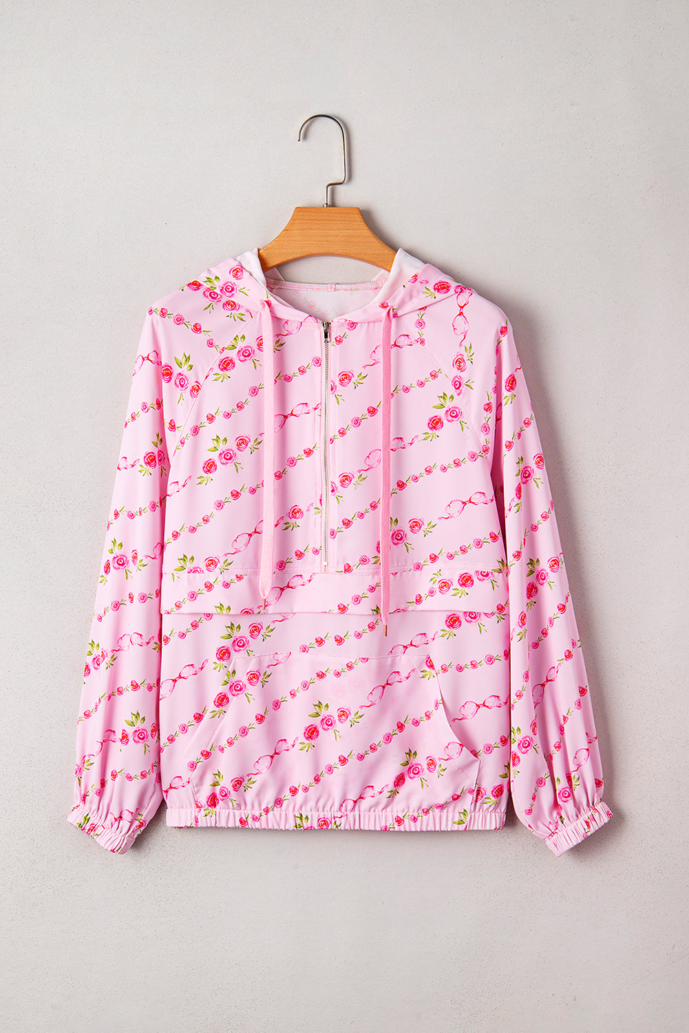 Floral Half Zip Kangaroo Pocket Drawstring Hoodie