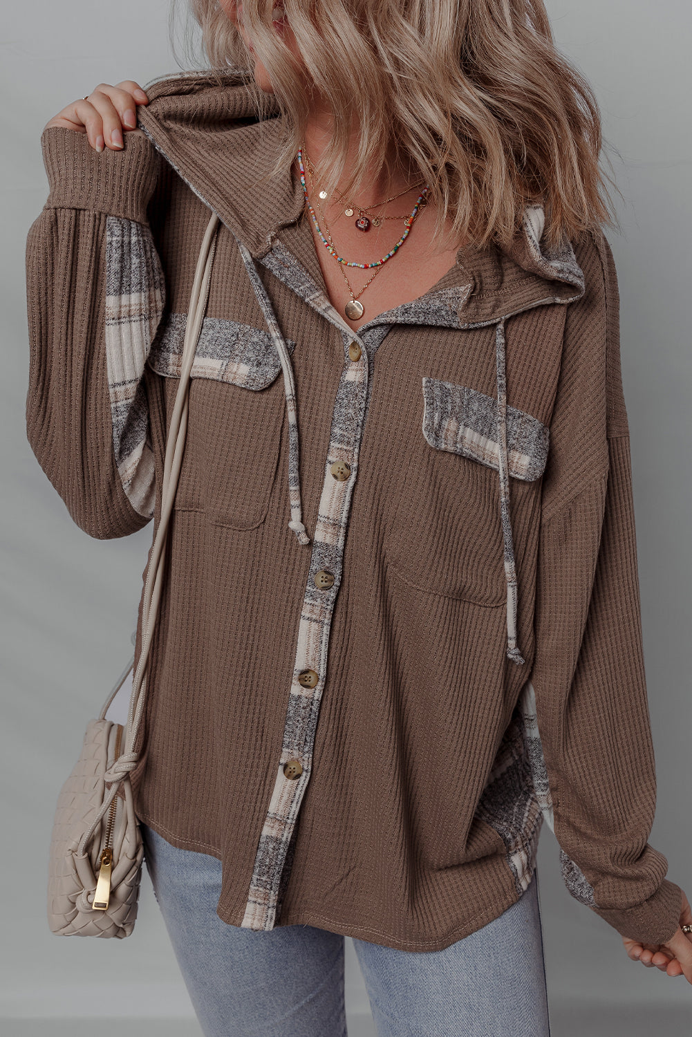 Plaid Patchwork Button-Up Drawstring Hooded Shacket