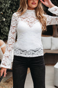 Solid Lace Crochet Bell Sleeve Blouse