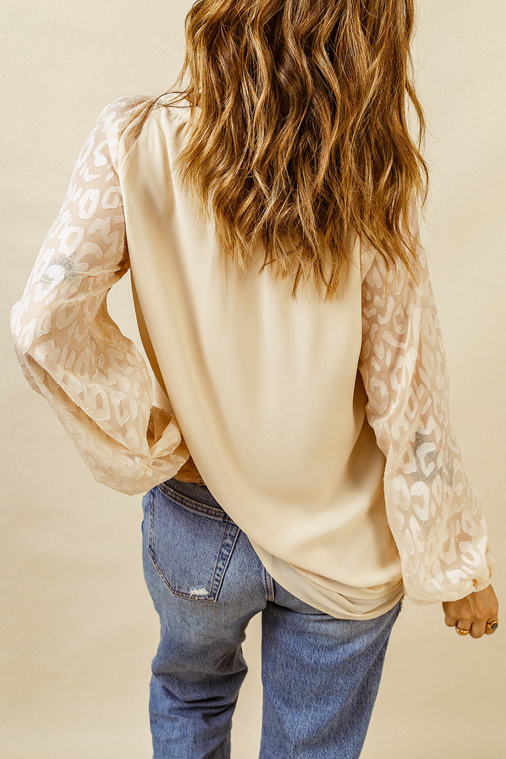 Leopard Mesh V-Neck Bubble Sleeve Blouse