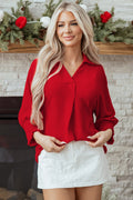 Solid Collared V-Neck Smocked 3/4 Sleeve Top