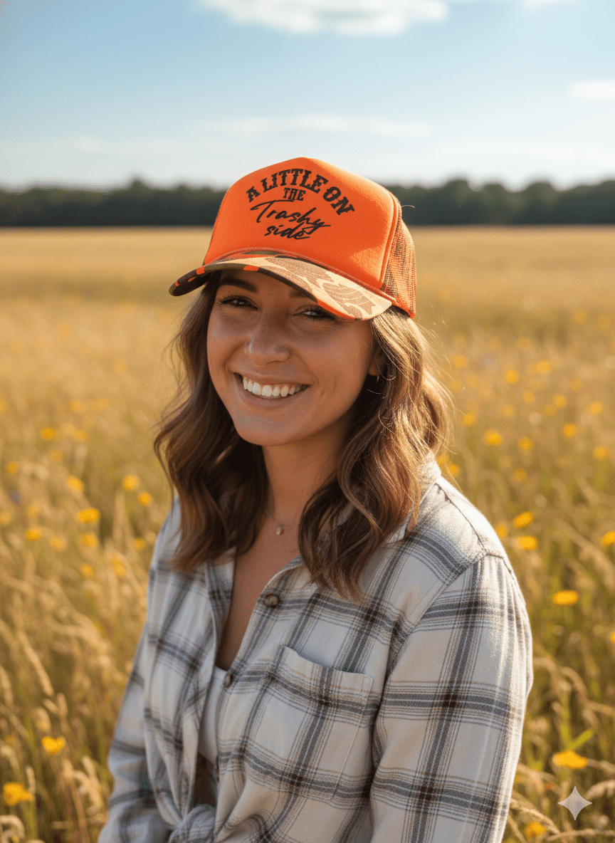 A Little On The Trashy Side Orange Camo Trucker Hat - Rooted & Reckless Co.