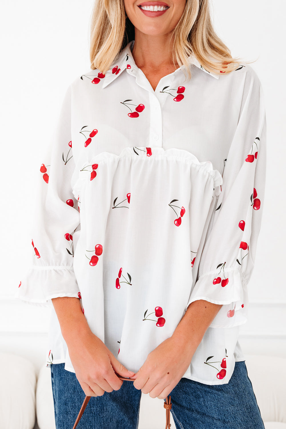 Cherry Frilled Collar 3/4 Sleeve Babydoll Blouse