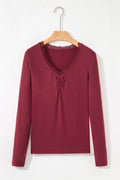 Lace Trim Ruched V-Neck Long Sleeve Top