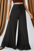 Solid Ruffle Wide Leg High Waist Pants