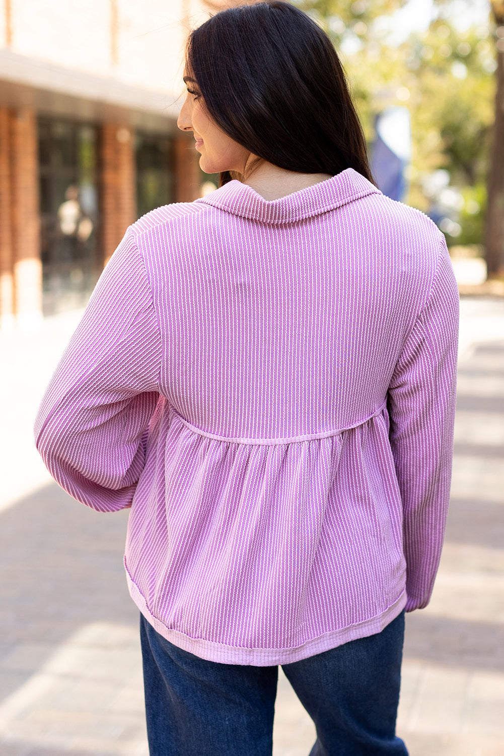 Corded V-Neck Bubble Sleeve Babydoll Blouse