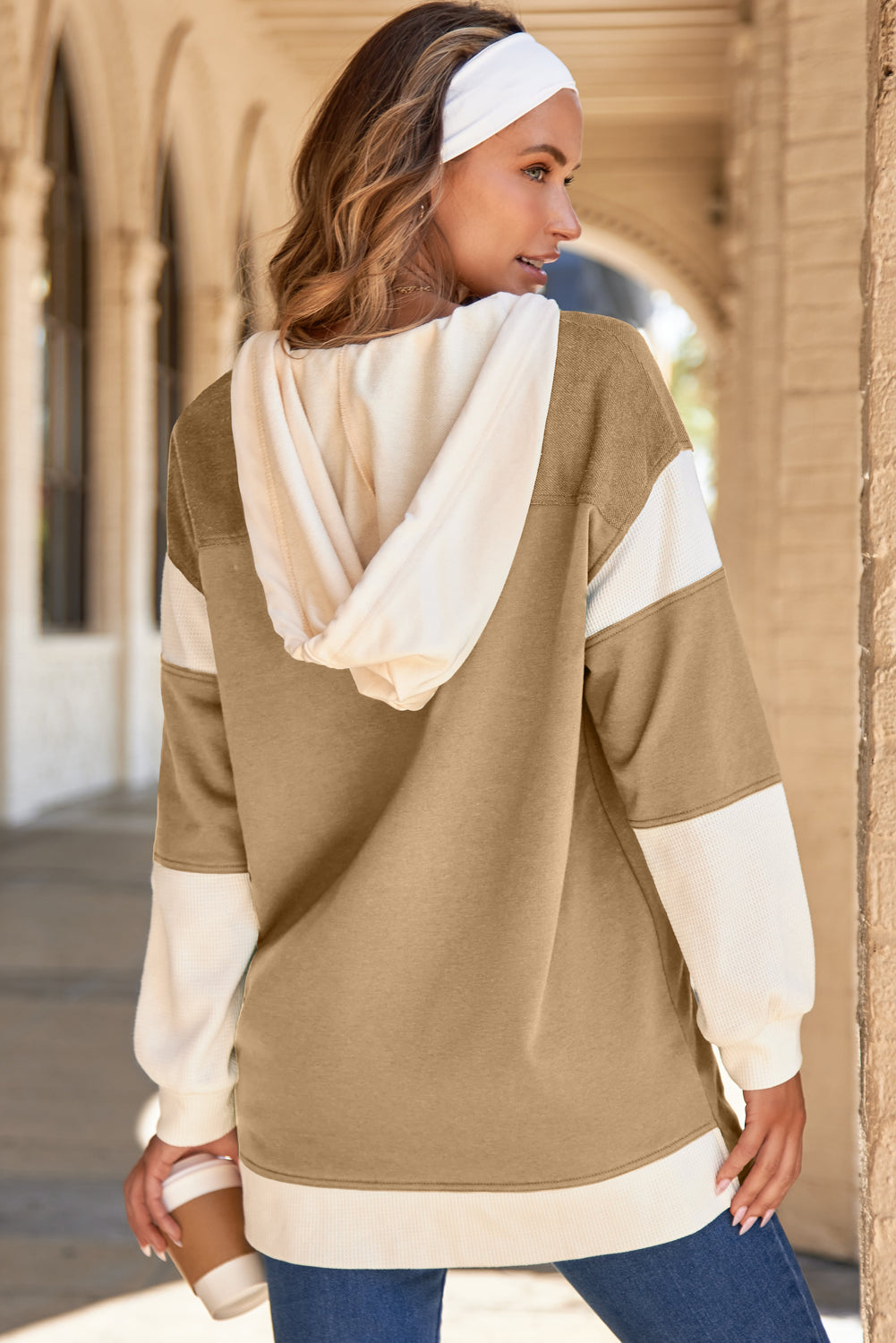 Waffle Knit Colorblock Patchwork Buttoned Hoodie