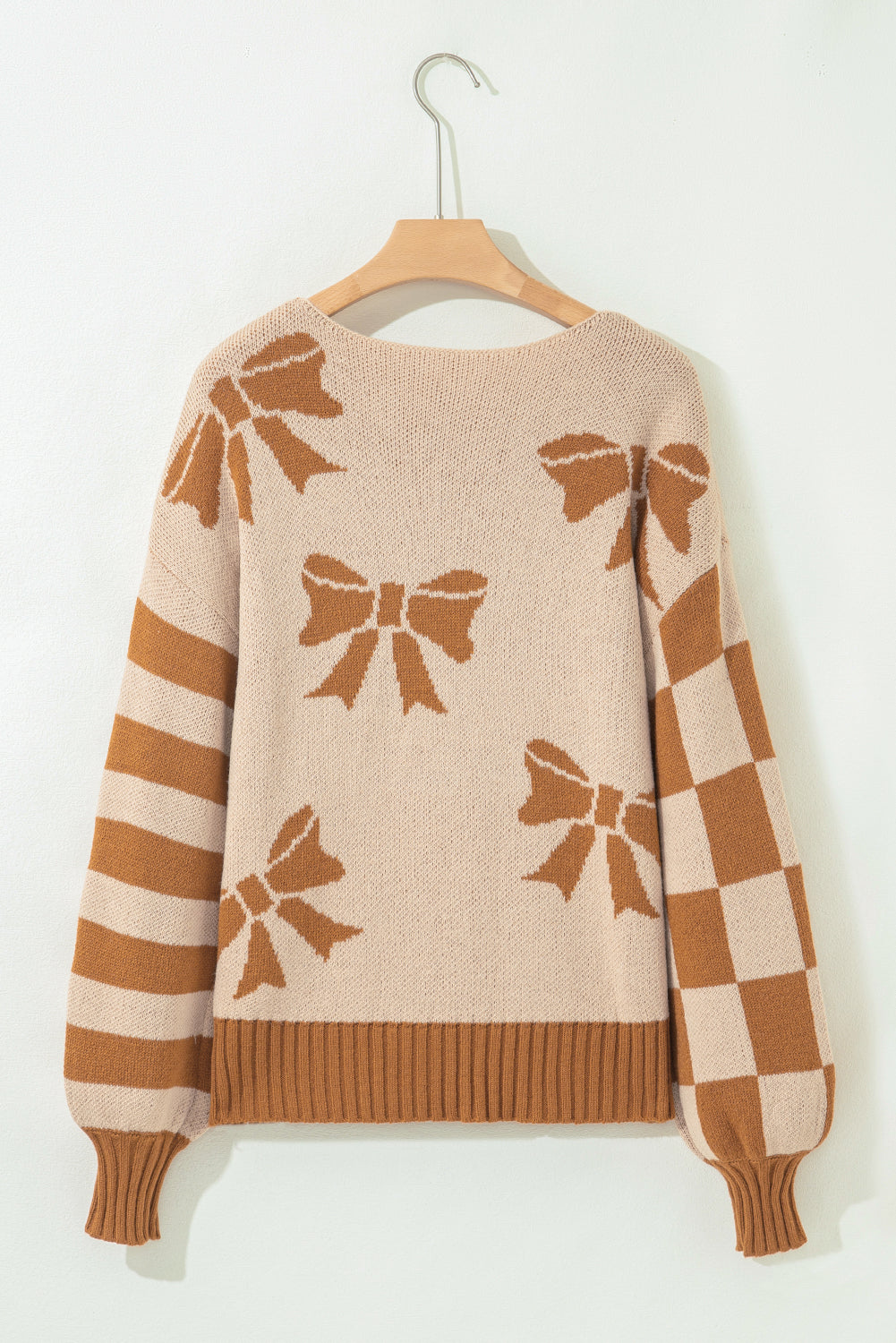 Bow Checker Stripe Patchwork Sleeve Sweater
