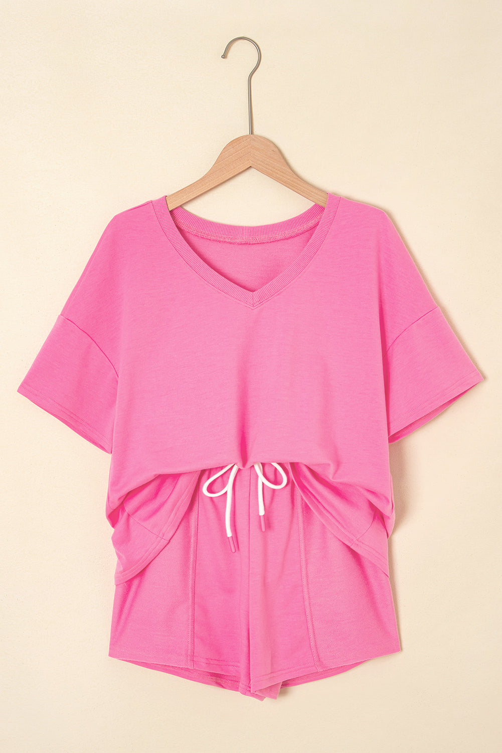 V-Neck Drop Shoulder Tee & Patchwork Drawstring Shorts Set