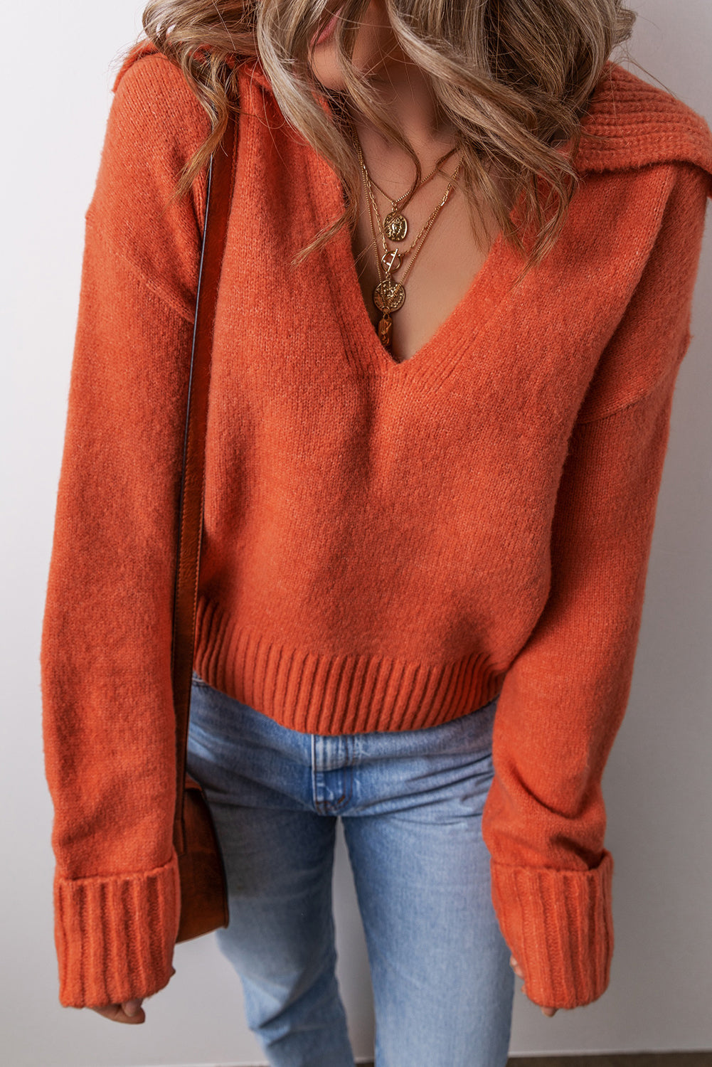 Solid Collared V-Neck Ribbed Edge Sweater
