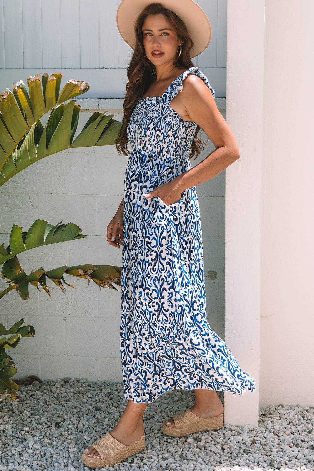 Abstract Boho Smocked Bodice High-Waist Maxi Dress - Rooted & Reckless Co.