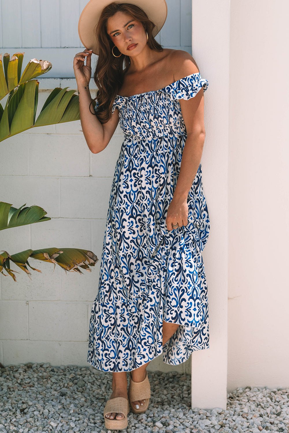 Abstract Boho Smocked Bodice High-Waist Maxi Dress - Rooted & Reckless Co.