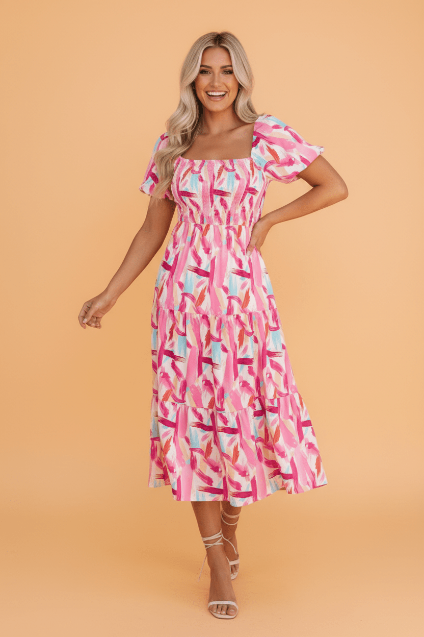 Abstract Brush Stroke Smocked Ruffle Tiered Dress - Rooted & Reckless Co.