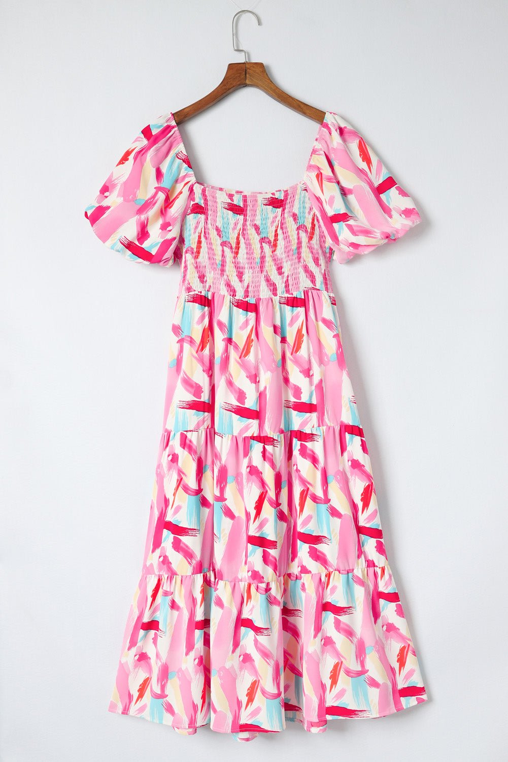 Abstract Brush Stroke Smocked Ruffle Tiered Dress - Rooted & Reckless Co.