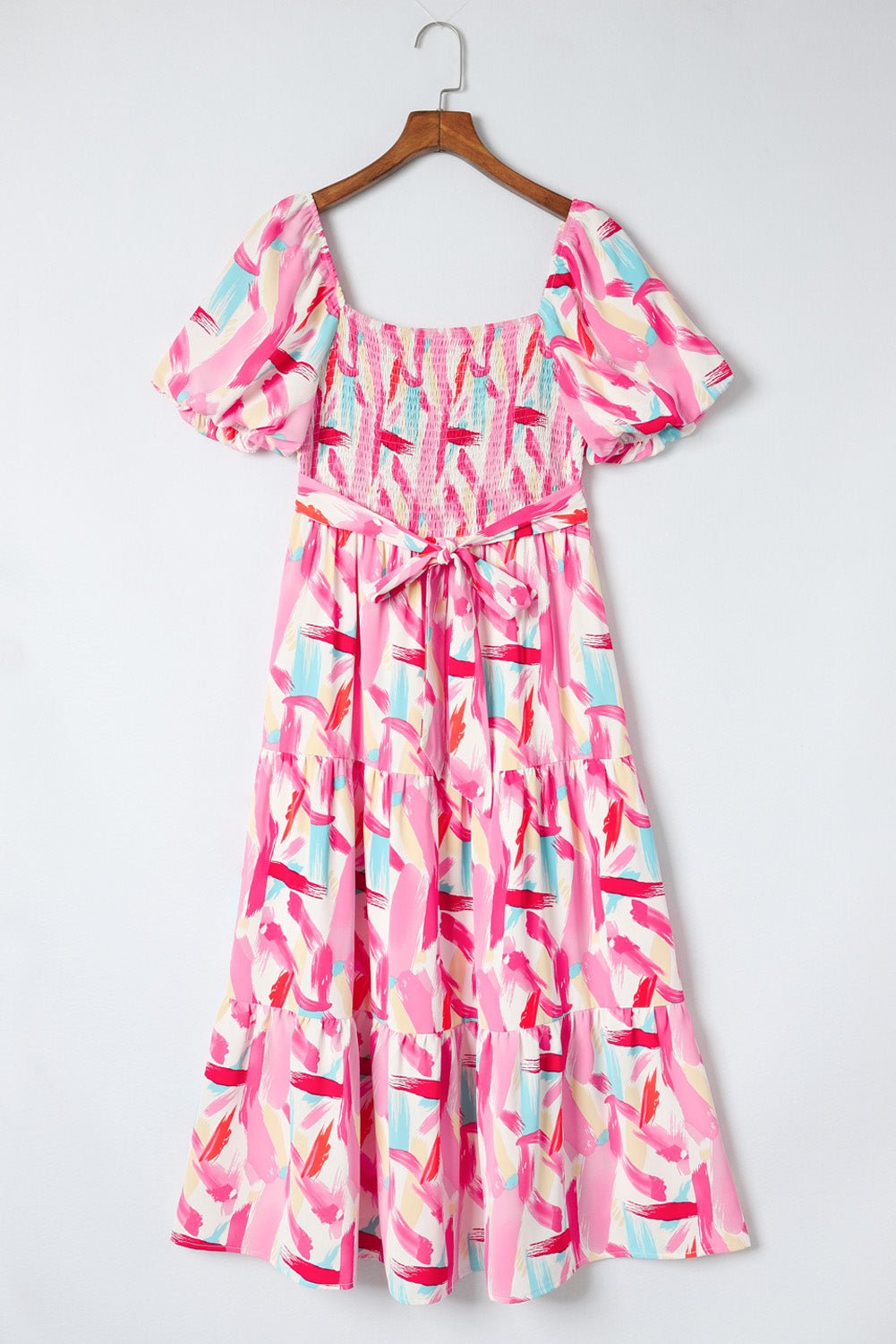 Abstract Brush Stroke Smocked Ruffle Tiered Dress - Rooted & Reckless Co.