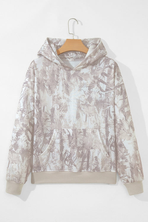 Abstract Camo Ribbed Trim Kangaroo Pocket Hoodie - Rooted & Reckless Co.