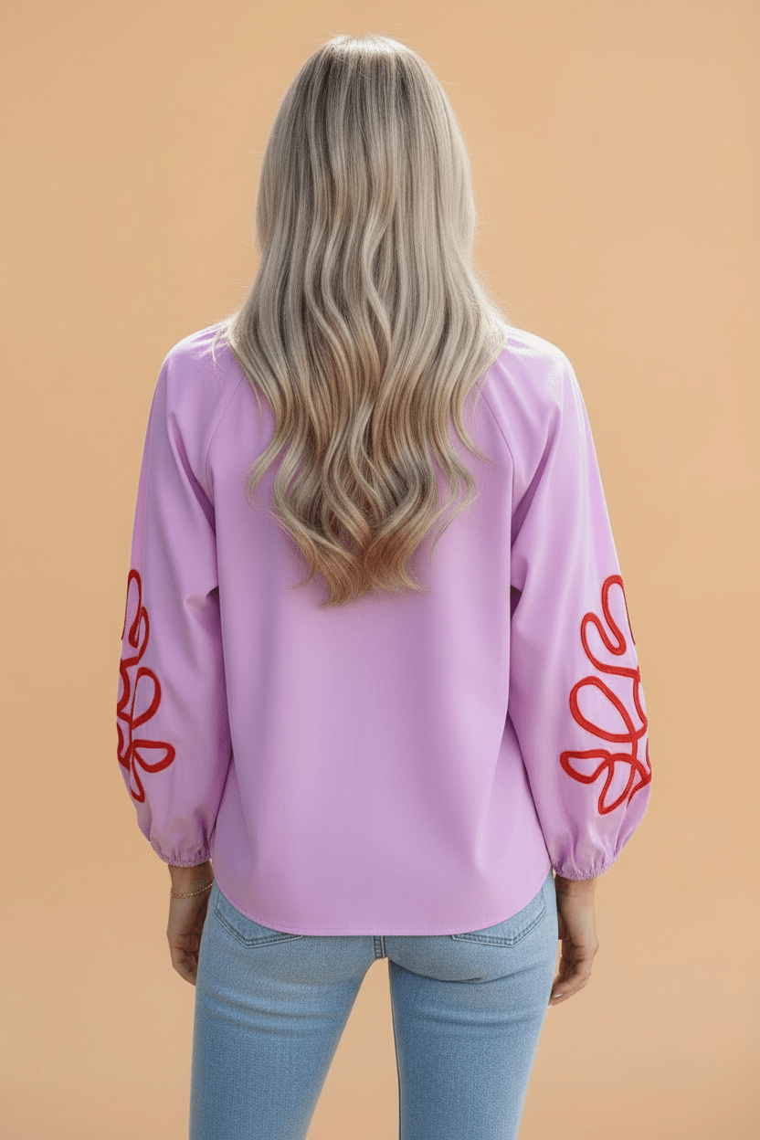 Abstract Contrast Trim V-Neck Long Sleeve Blouse - Rooted & Reckless Co.