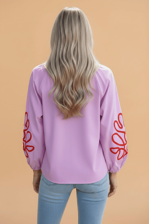 Abstract Contrast Trim V-Neck Long Sleeve Blouse - Rooted & Reckless Co.