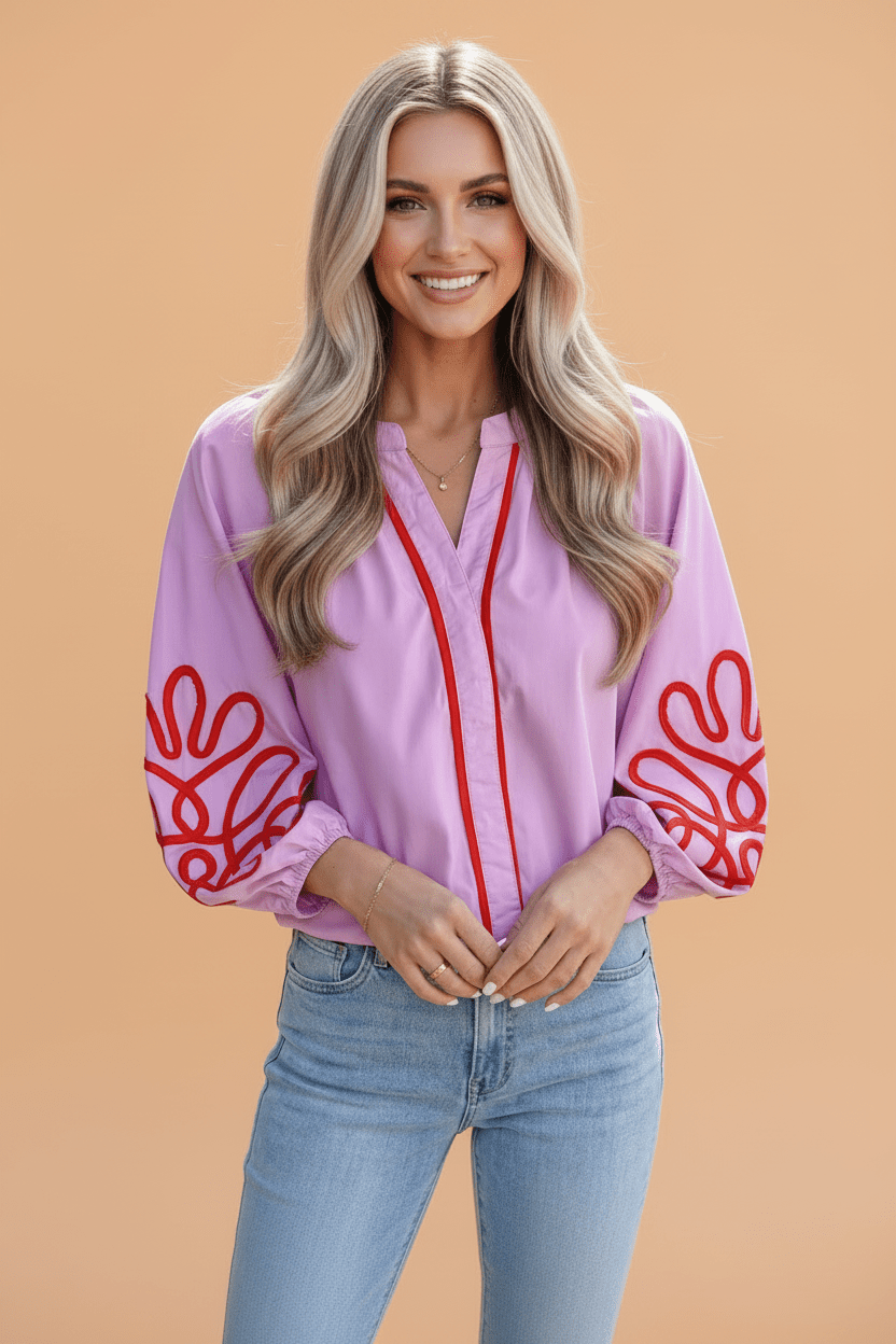 Abstract Contrast Trim V-Neck Long Sleeve Blouse - Rooted & Reckless Co.