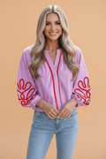 Abstract Contrast Trim V-Neck Long Sleeve Blouse - Rooted & Reckless Co.