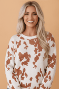 Abstract Cow Drop Shoulder Long Sleeve Sweater - Rooted & Reckless Co.