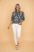 Abstract Damask Colorblock Ruffle 3/4 Sleeve Blouse - Rooted & Reckless Co.