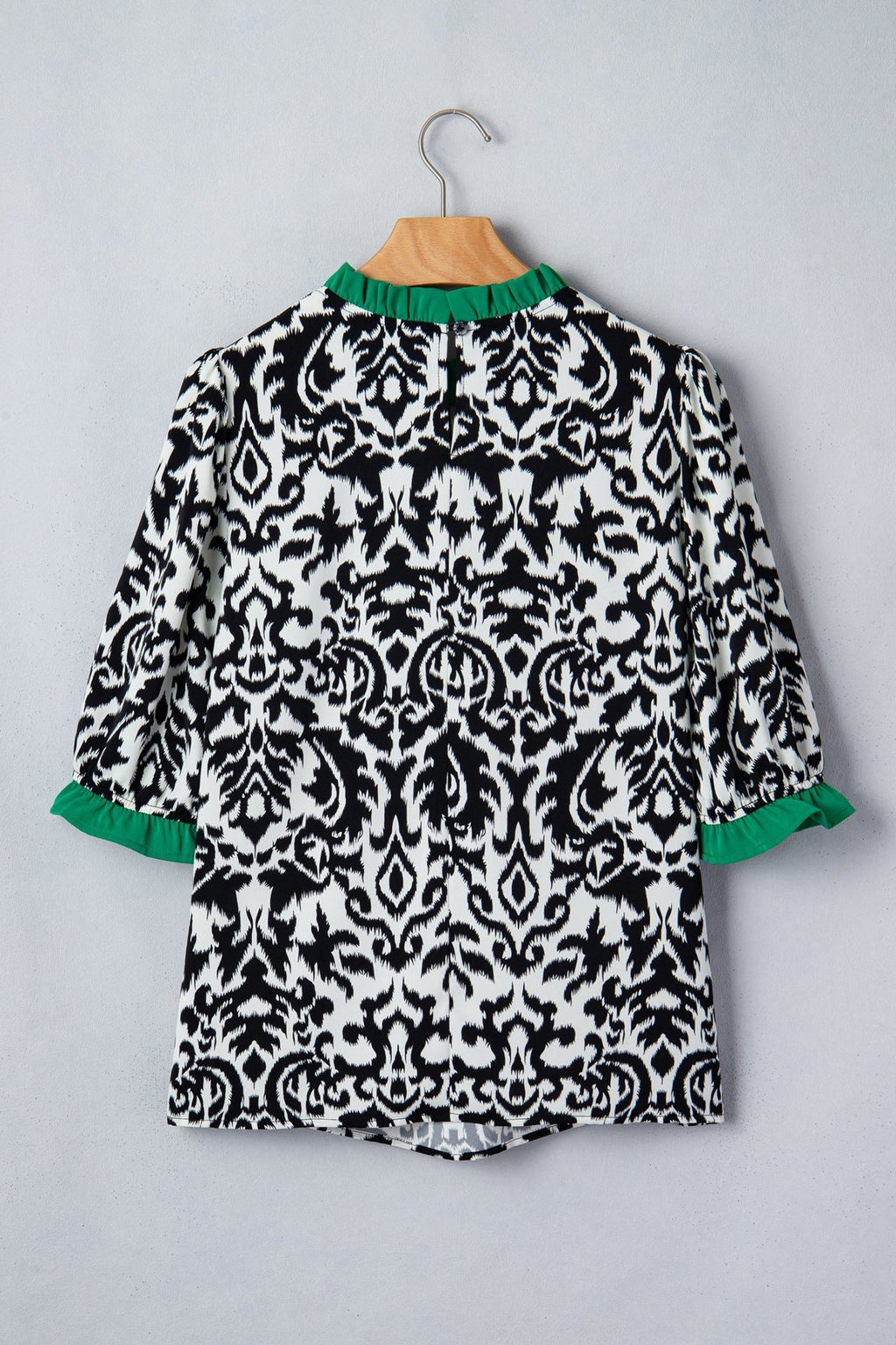 Abstract Damask Colorblock Ruffle 3/4 Sleeve Blouse - Rooted & Reckless Co.