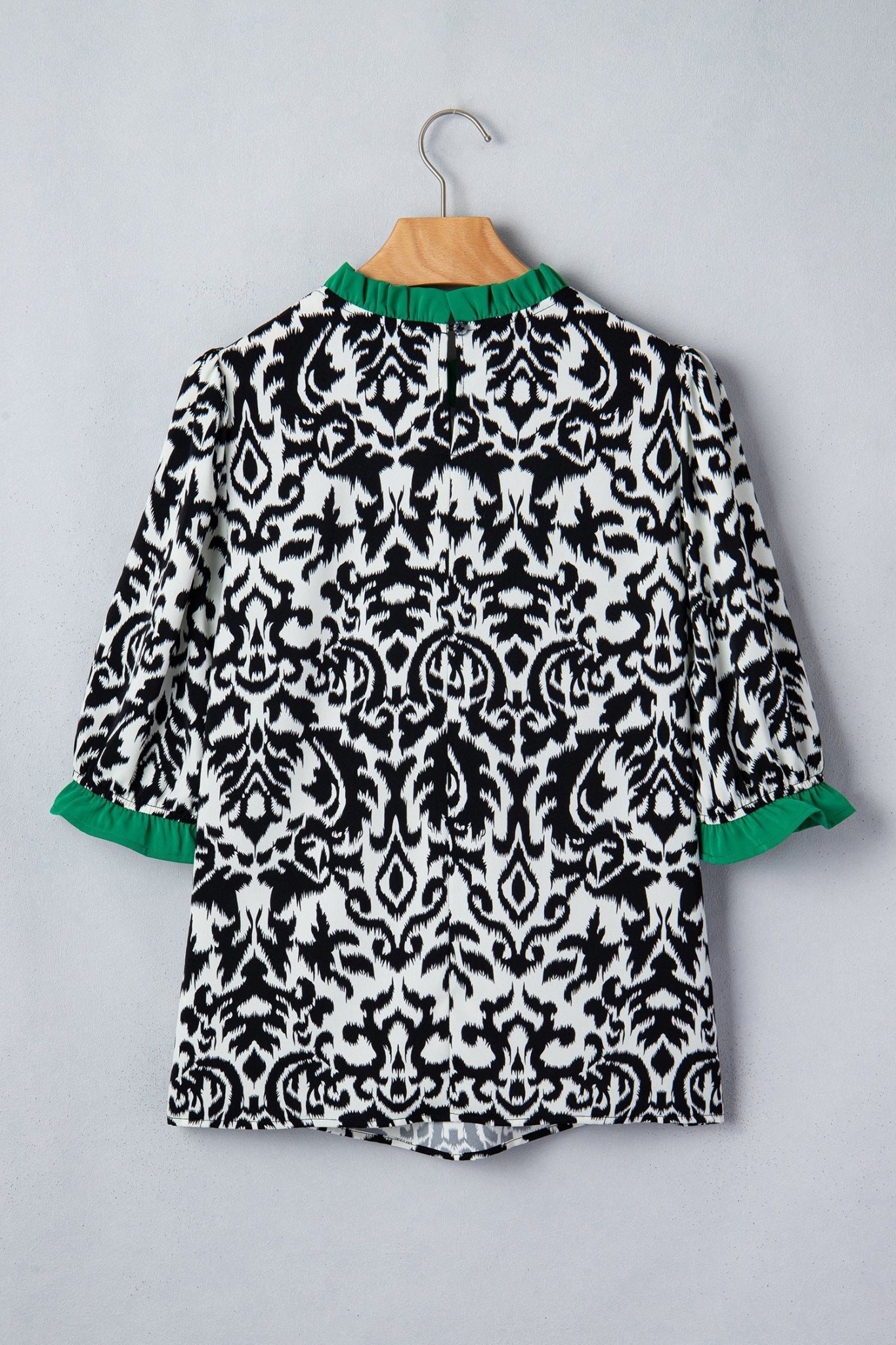 Abstract Damask Colorblock Ruffle 3/4 Sleeve Blouse - Rooted & Reckless Co.