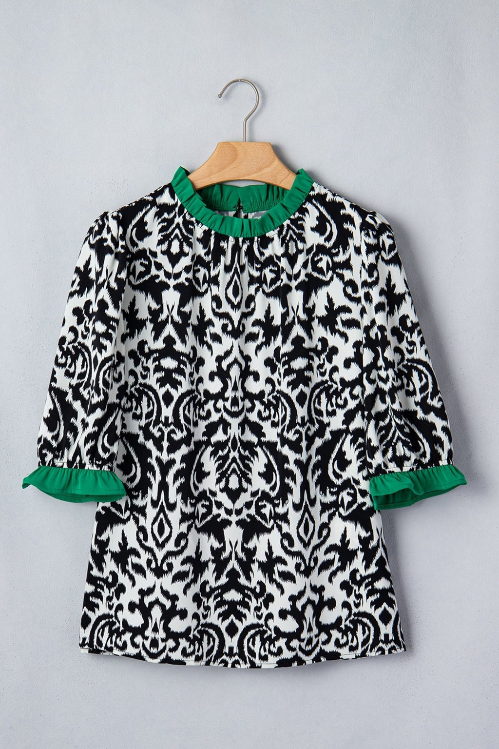 Abstract Damask Colorblock Ruffle 3/4 Sleeve Blouse - Rooted & Reckless Co.