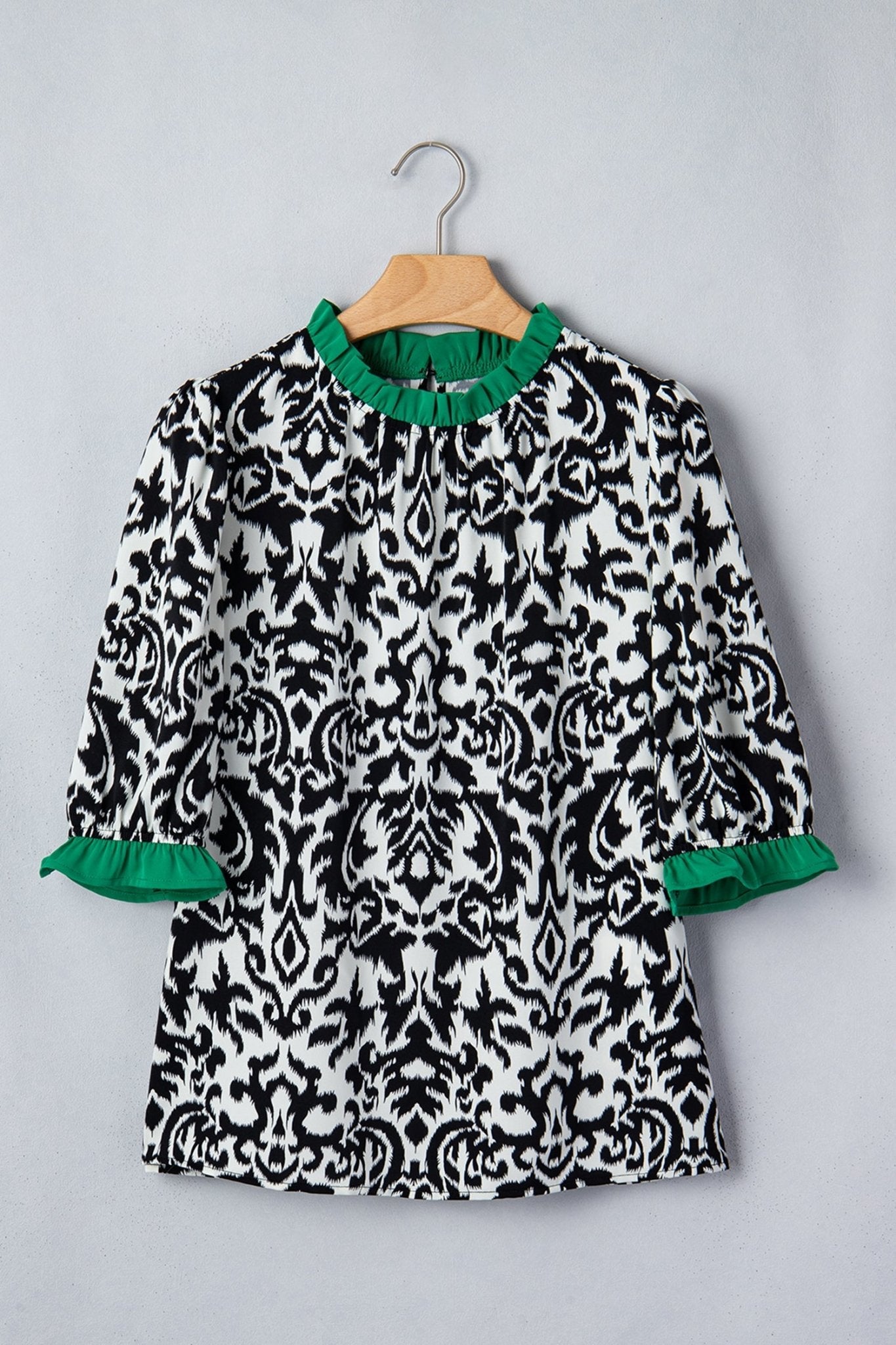Abstract Damask Colorblock Ruffle 3/4 Sleeve Blouse - Rooted & Reckless Co.