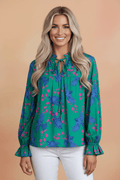 Abstract Floral Bird V-Neck Flounced Puff Sleeve Blouse - Rooted & Reckless Co.