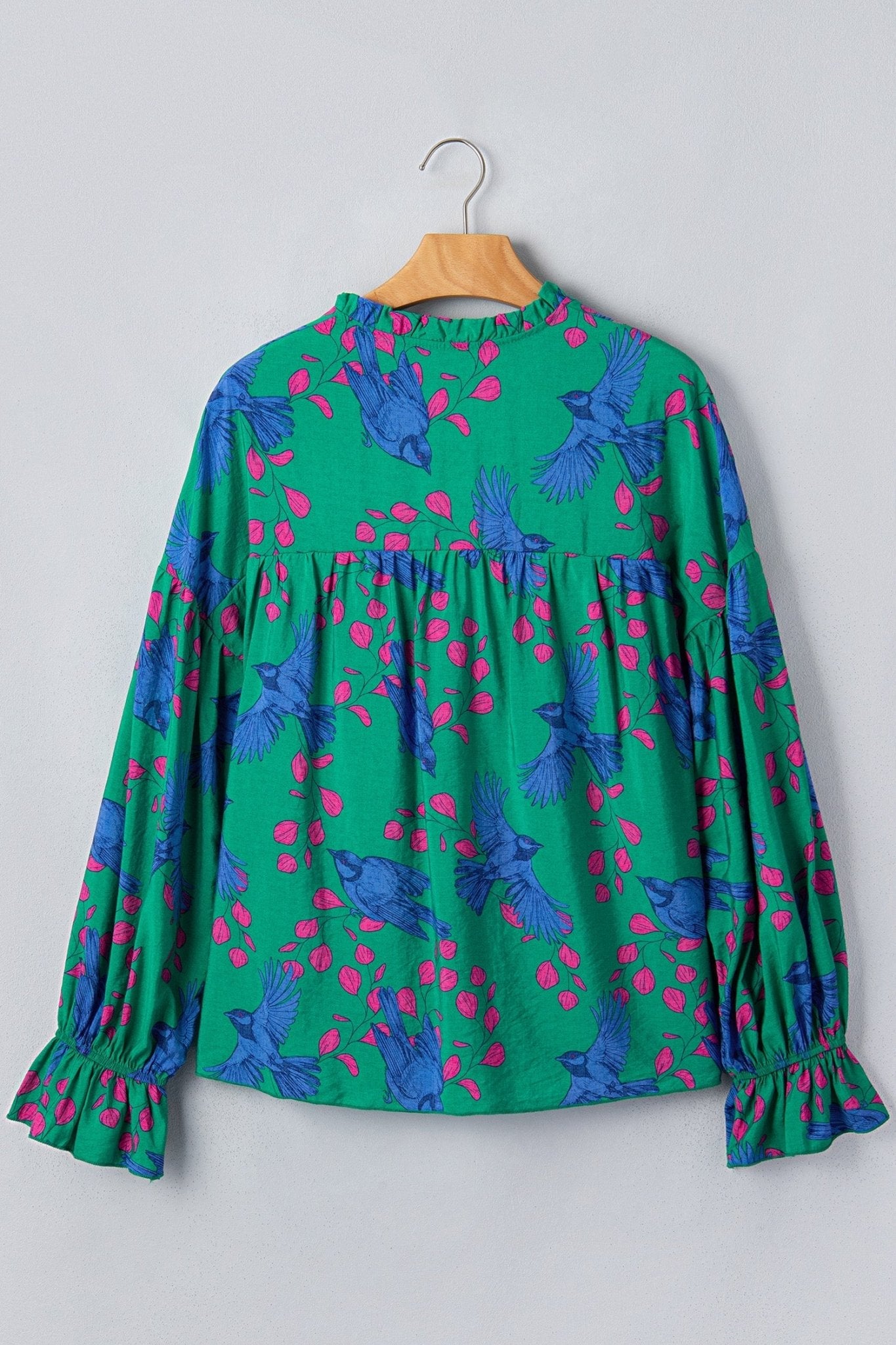 Abstract Floral Bird V-Neck Flounced Puff Sleeve Blouse - Rooted & Reckless Co.