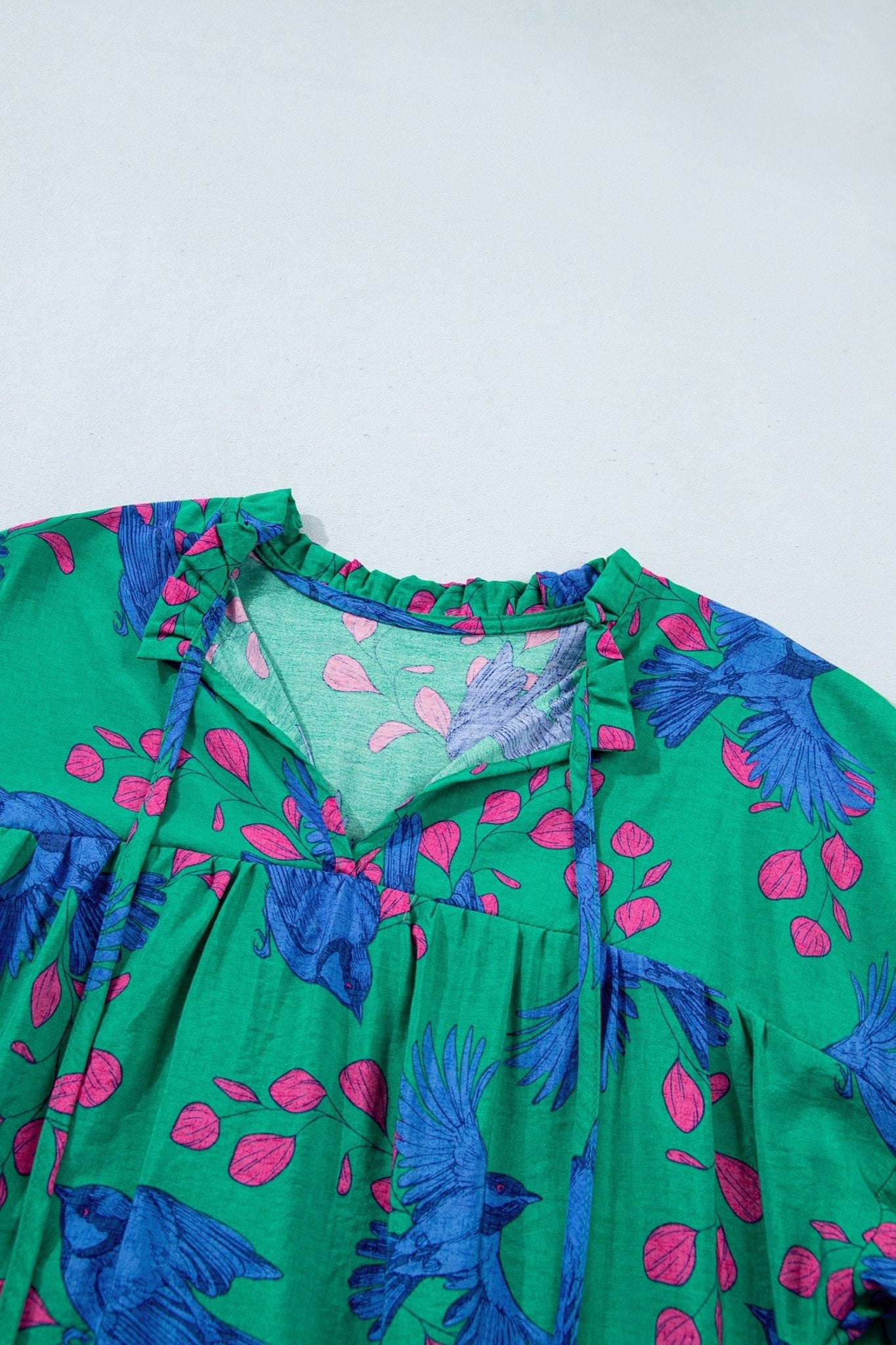 Abstract Floral Bird V-Neck Flounced Puff Sleeve Blouse - Rooted & Reckless Co.
