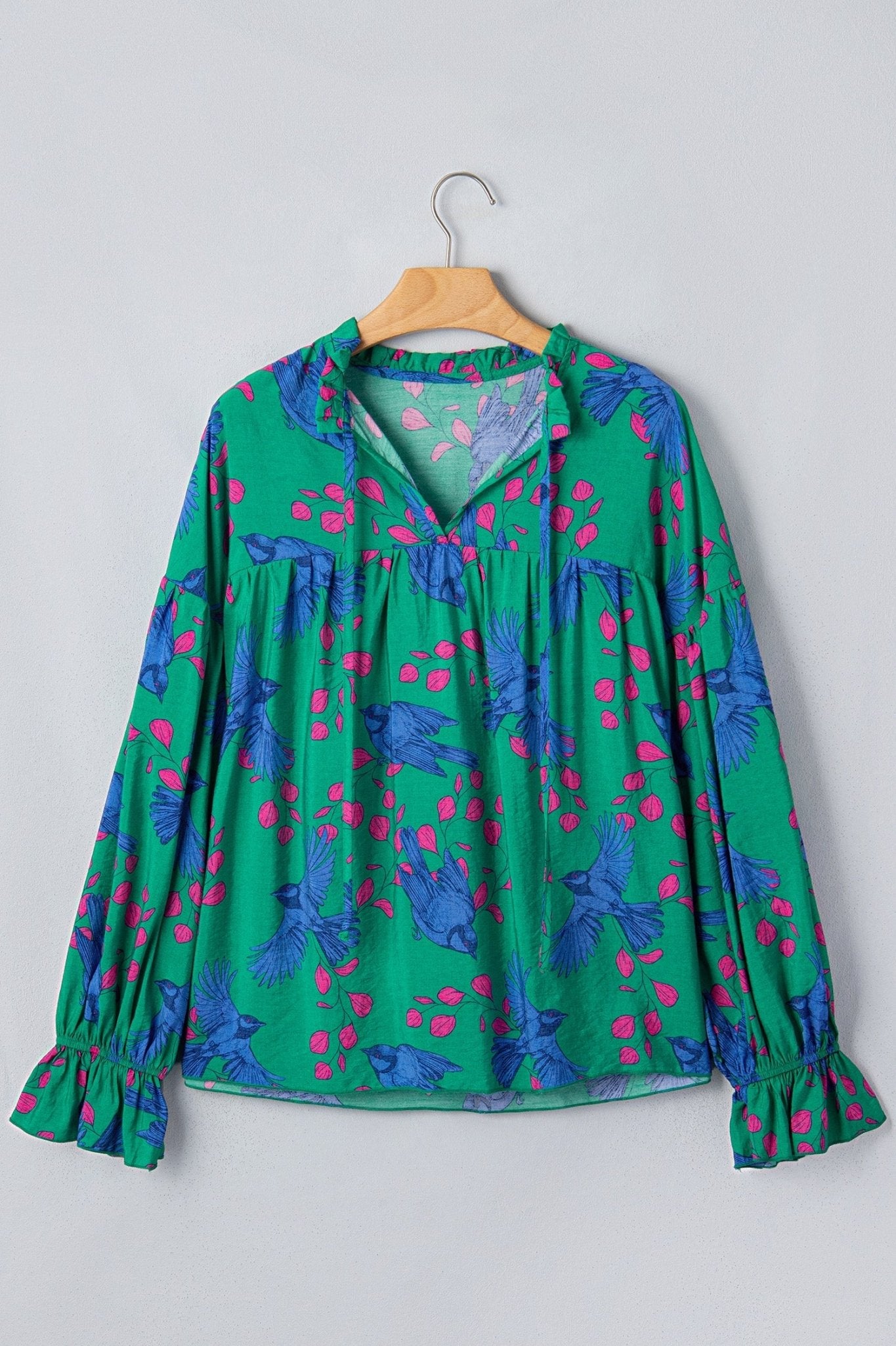 Abstract Floral Bird V-Neck Flounced Puff Sleeve Blouse - Rooted & Reckless Co.