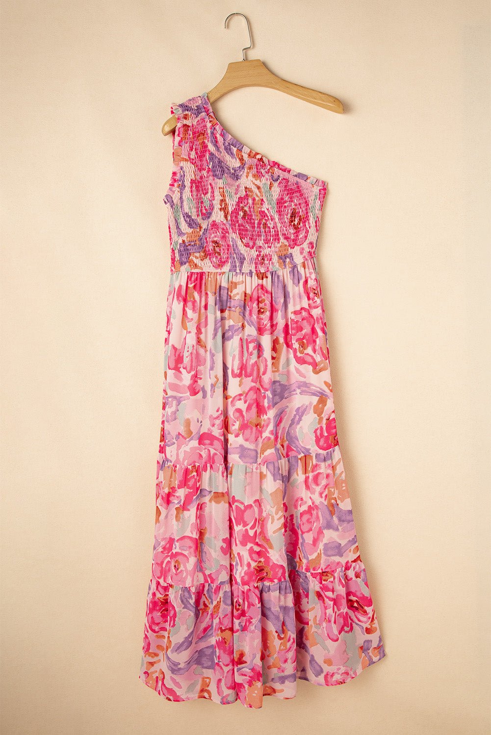 Abstract Floral One-Shoulder Shirred Maxi Dress - Rooted & Reckless Co.