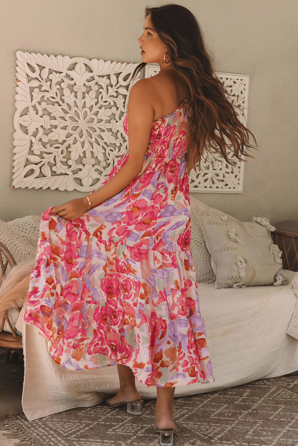 Abstract Floral One-Shoulder Shirred Maxi Dress - Rooted & Reckless Co.