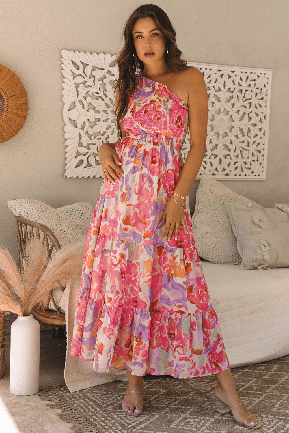 Abstract Floral One-Shoulder Shirred Maxi Dress - Rooted & Reckless Co.