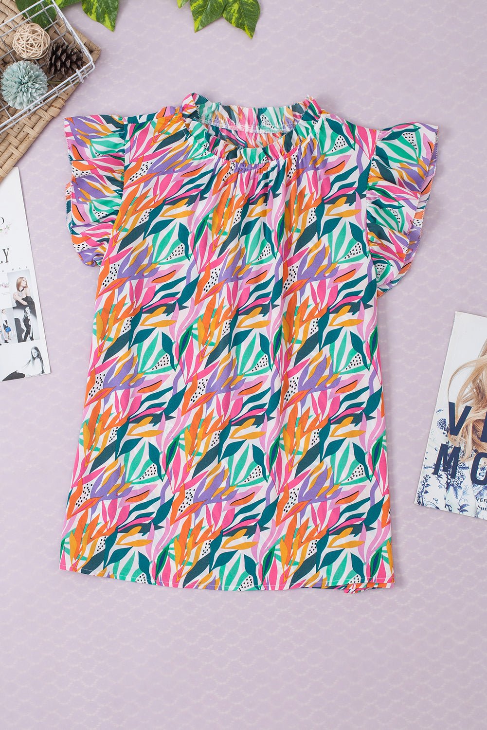 Abstract Floral Ruffle Flutter Sleeve Blouse - Rooted & Reckless Co.