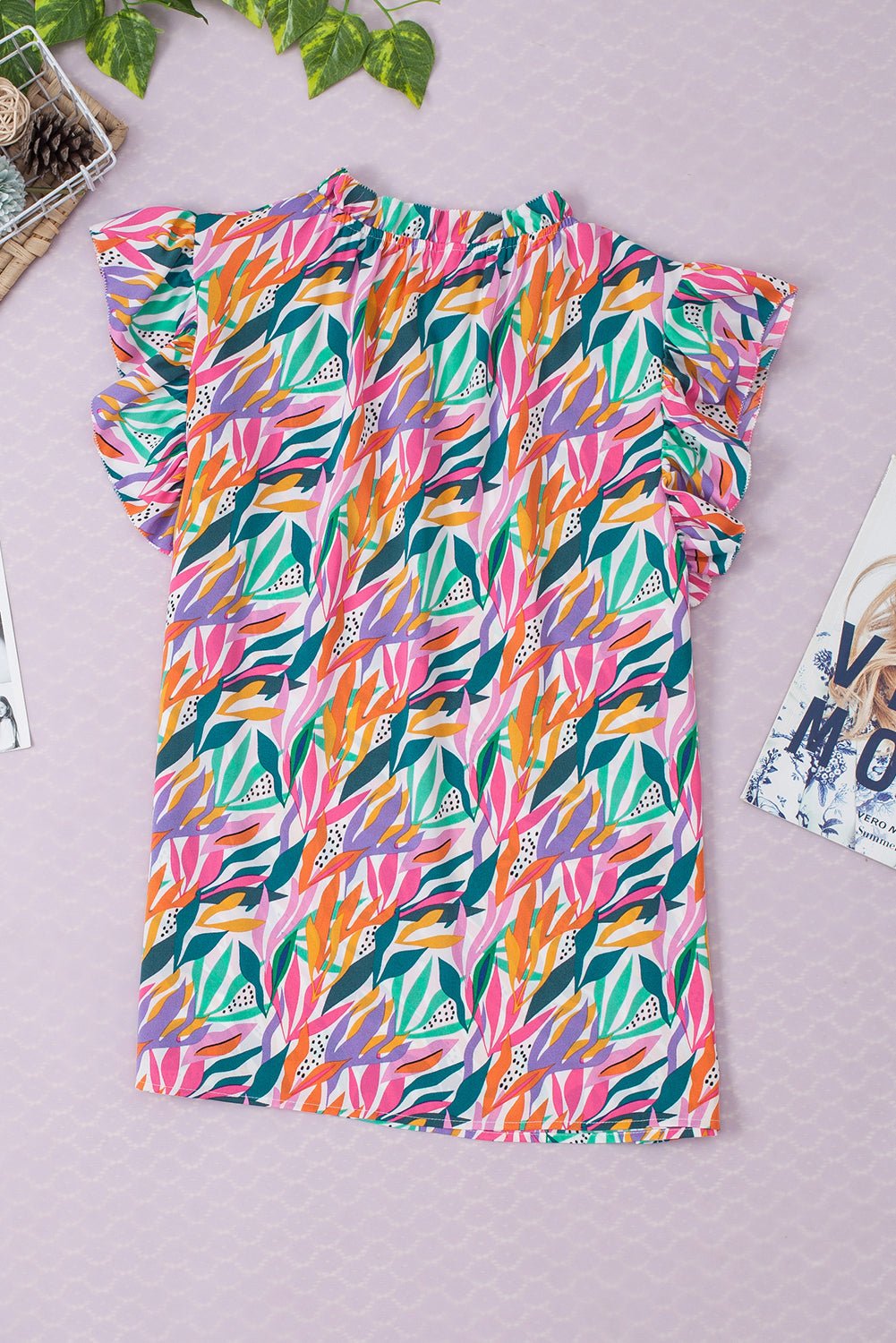 Abstract Floral Ruffle Flutter Sleeve Blouse - Rooted & Reckless Co.