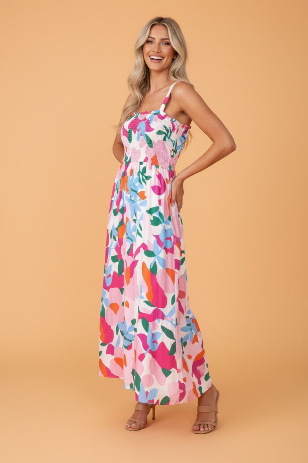 Abstract Floral Smocked High Waist Maxi Sundress - Rooted & Reckless Co.