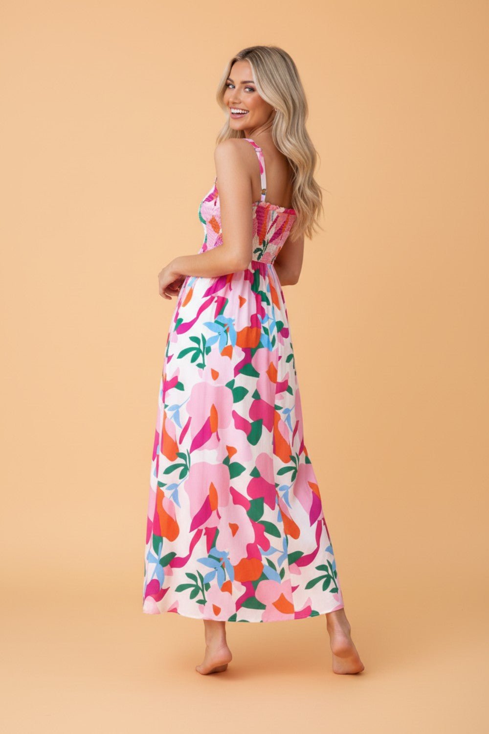 Abstract Floral Smocked High Waist Maxi Sundress - Rooted & Reckless Co.