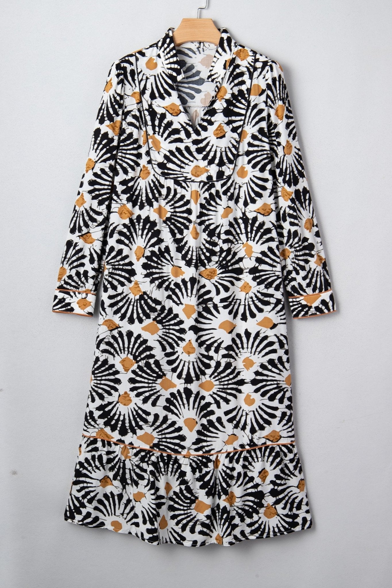Abstract Floral V-Neck Long Sleeve Maxi Dress - Rooted & Reckless Co.