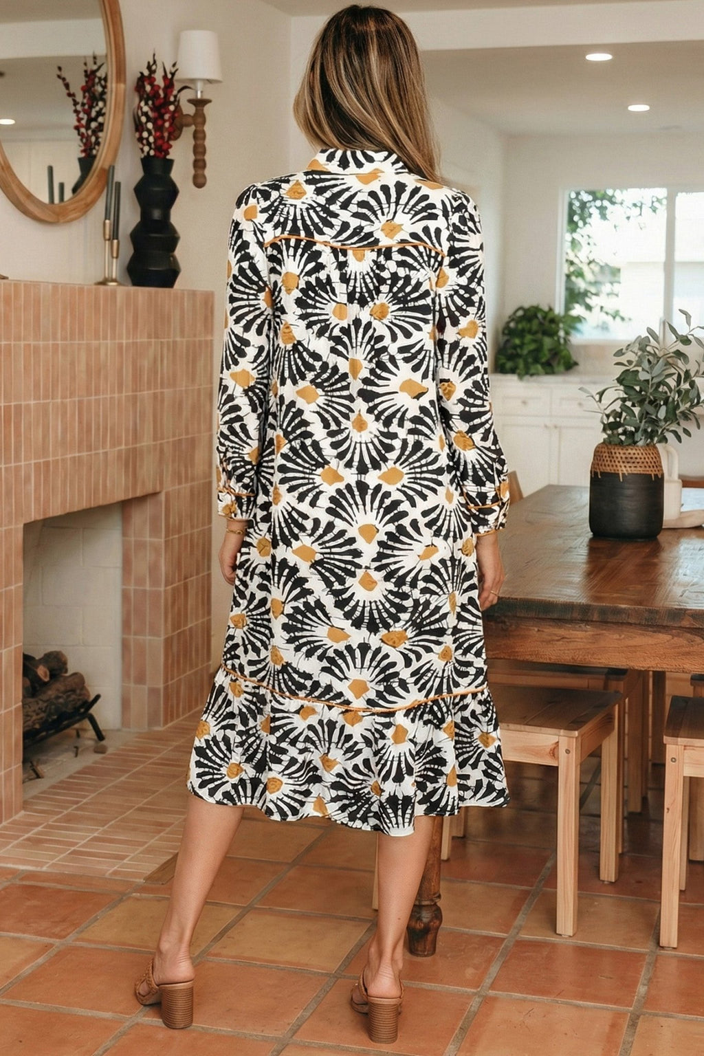 Abstract Floral V-Neck Long Sleeve Maxi Dress - Rooted & Reckless Co.