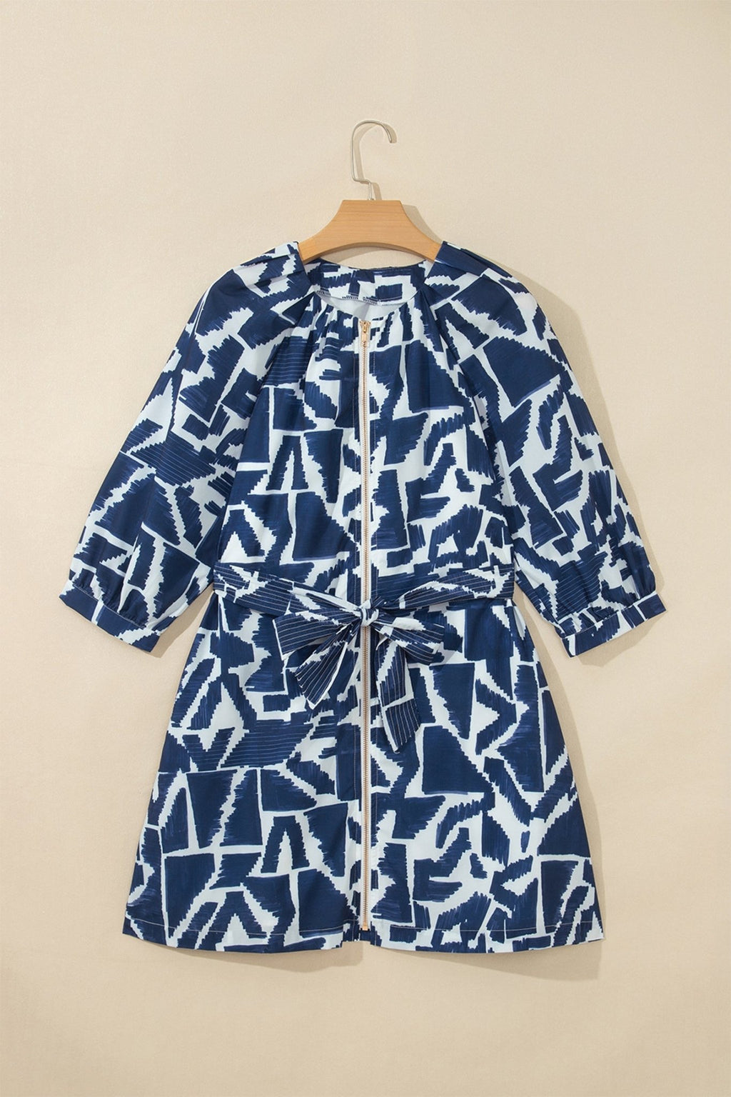 Abstract Geometric Zip Front Tie Waist Shift Dress - Rooted & Reckless Co.