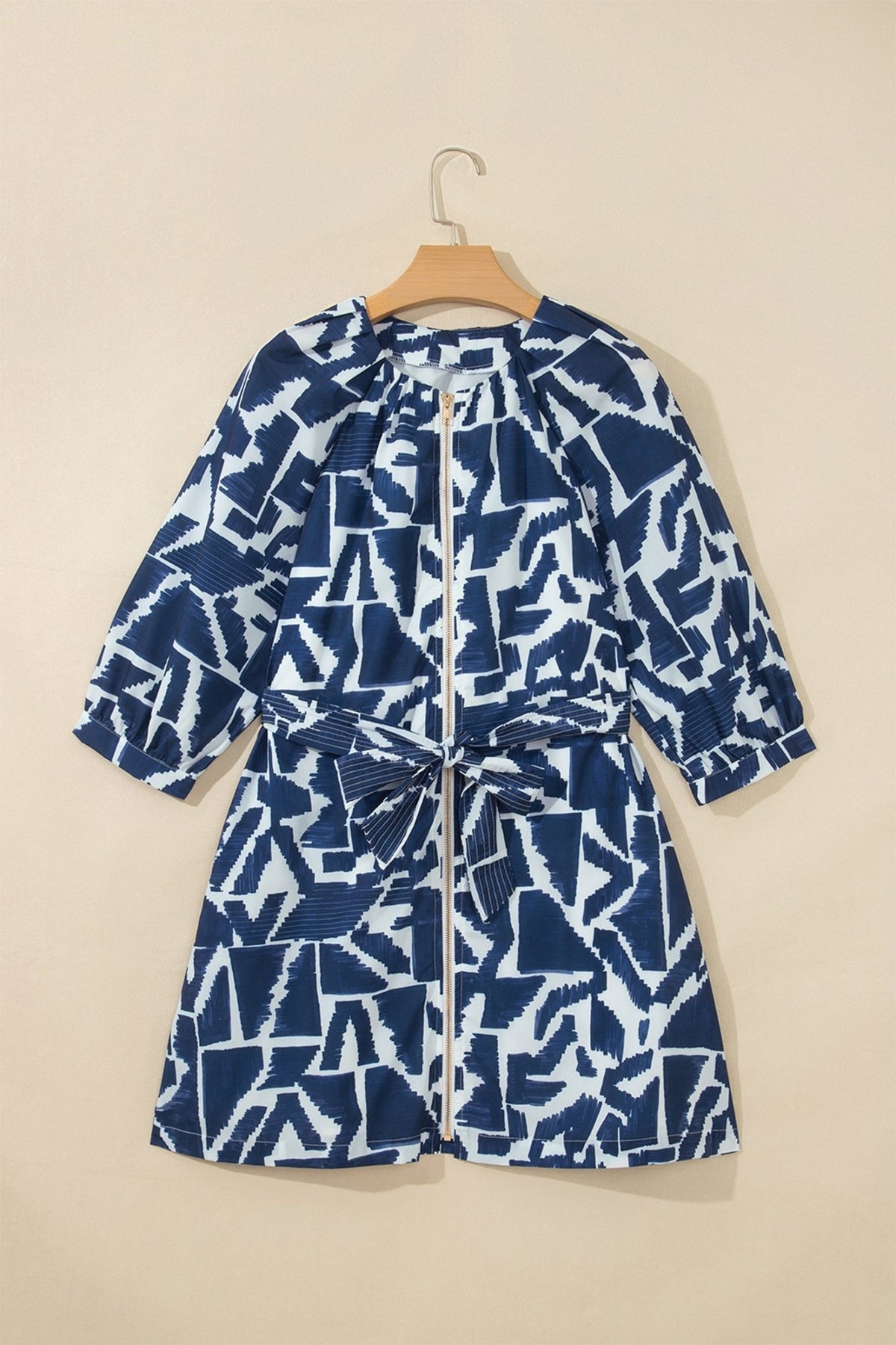 Abstract Geometric Zip Front Tie Waist Shift Dress - Rooted & Reckless Co.